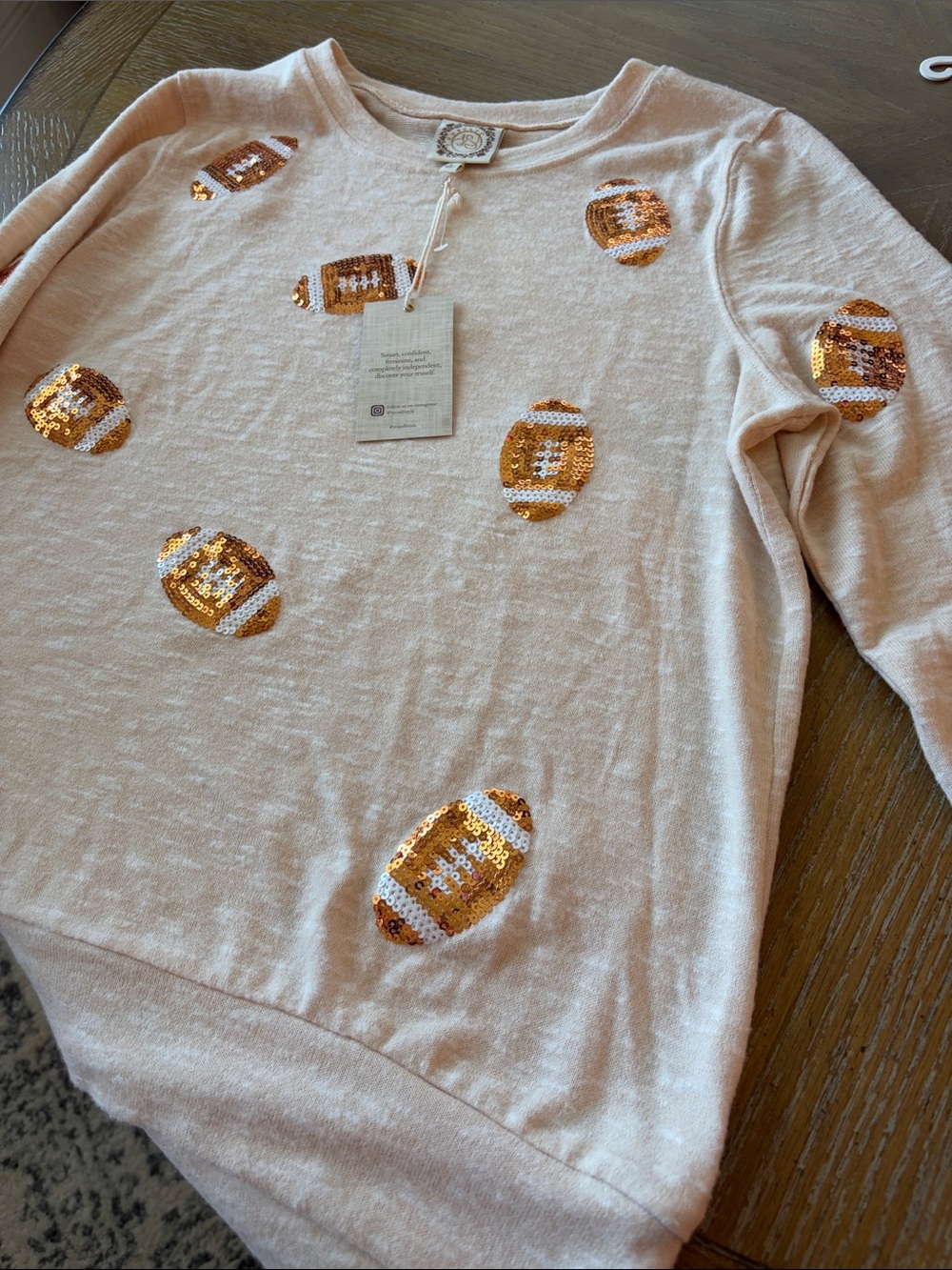 Russell Athletic Beige Crewneck Sweater with Gold Sequin Footballs